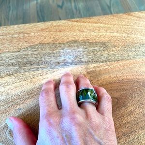 Silver Ring with Yellow/Green Crystal Beveled Stones Size 7